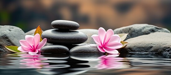 Zen lifestyle concept represented by stones labeled Mind, Body, Soul amidst flower petals in water, showcased in a flat lay copy space image.