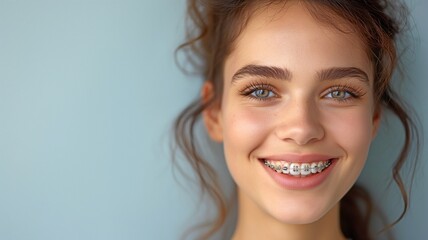 Naklejka premium A young woman with braces smiles happily.