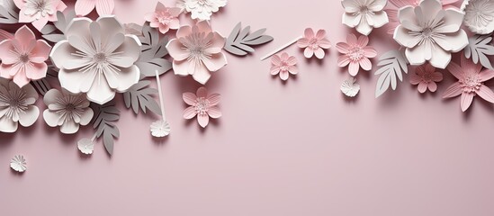 There are origami paper flowers displayed on a wooden desk with copy space image available.