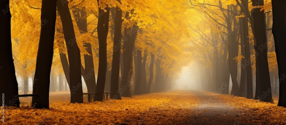 Wall mural scenic view of a mystical autumn forest with yellow leaves on a foggy day. a wide-angle photo with a