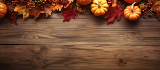 Autumn-inspired decor with leaves, pumpkins on dark backdrop. Top view in flat lay style, featuring copy space image.