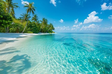 Fototapeta premium Tropical Paradise: A Tranquil Beach Scene With Palm Trees Swaying Under A Clear Blue Sky