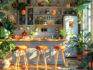 Obraz premium Cozy modern kitchen bathed in warm sunlight, with sleek grey cabinets, wooden bar stools, and lush green plants.