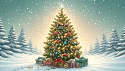 Christmas Tree with Presents in Snowy Forest: Magical and Heartwarming Holiday Illustration