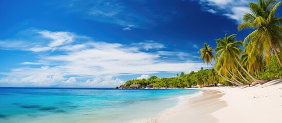 A serene tropical beach scene with a blue sky, white clouds, and a vintage color filter, serving as a copy space image for summer vacation and travel.