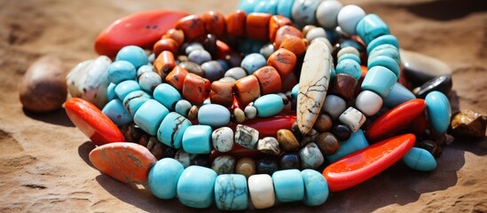 Turquoise beads and white beads are blending seamlessly, creating a serene and harmonious composition in the copy space image.