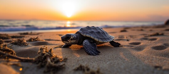 A baby sea turtle moving towards the ocean on a volcanic beach at sunset, with a focus on conservation and preservation of endangered marine species, providing room for a copy space image.