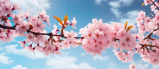 Springtime brings the delicate beauty of blossoming fluffy willow branches against a sky-blue background with white clouds, captured in a soft-focus, nature-themed close-up copy space image.