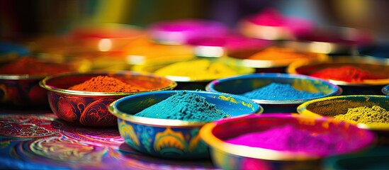 Fototapeta premium Colorful holi powder bowls seen from above on a dark backdrop, with room for text. Celebrating the Indian festival of colors known as Holi. Copy space image. Place for adding text and design