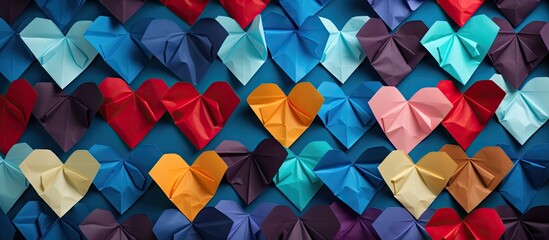 A background adorned with origami hearts provides a striking copy space image.