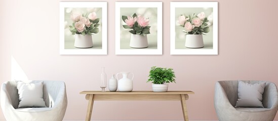 A blank picture canvas mockup is displayed on a grey wall alongside a bouquet of pink roses and eucalyptus leaves, creating an elegant interior decor with copy space image.