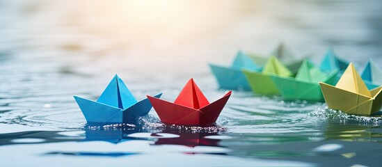 A collection of blue paper boats sail together, while a single red one moves in the opposite direction, symbolizing nonconformity and challenging social norms. Background with space for text