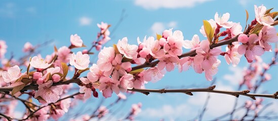 Obraz premium An almond tree blooming under a vibrant blue sky in the spring, perfect for a copy space image.