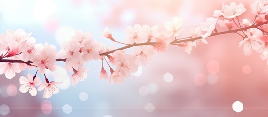 A stunning image of floating white cherry blossoms on a soft pink background with a levitation concept, high-resolution copy space image.