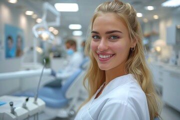 Fototapeta premium A female dentist smiles confidently while working in a well-equipped dental office