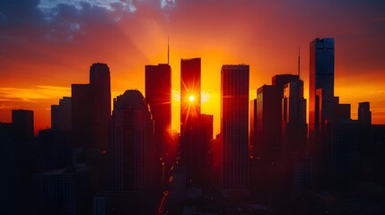 Fototapeta premium Sunset behind tall skyscrapers in a vibrant city