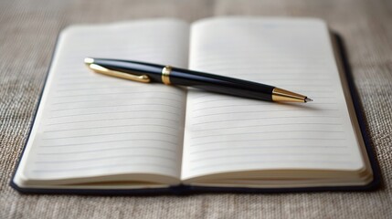 A black and gold pen resting on an open lined notebook with a soft focus background, symbolizing writing, journaling, or planning.