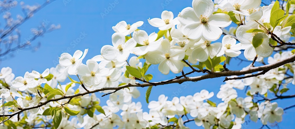 Poster white dogwood flower tree in a backyard with a blank space image. copy space image. place for adding