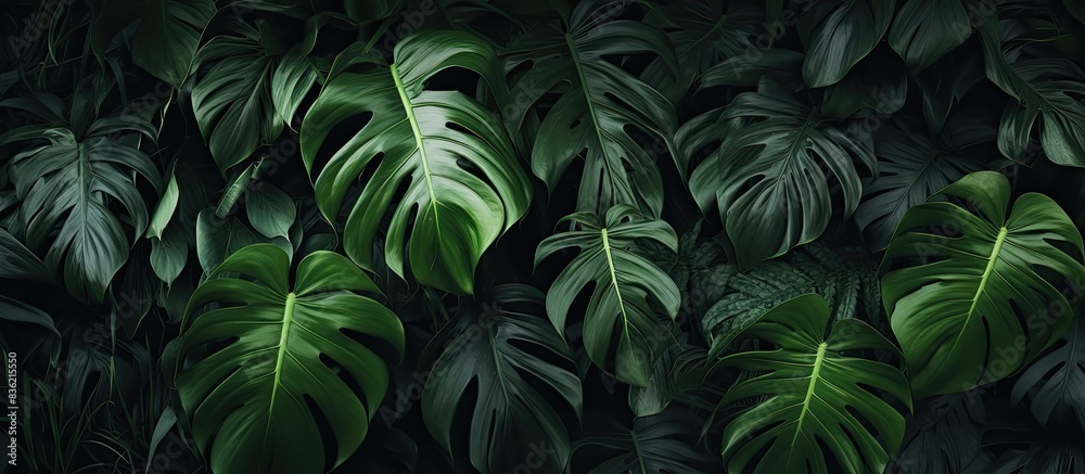 Wall mural tropical leaf closeup view with a dark flat lay. background features green leaf and palm trees creat