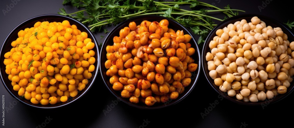 Canvas Prints Traditional spicy Turkish nut, leblebi, displayed with roasted yellow chickpeas in chili pepper sauce in a copy space image.