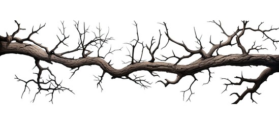 Isolated single old and dead tree branch with cracked dark bark on a white background, creating a beautiful copy space image.