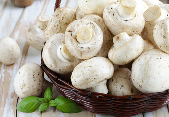 organic mushrooms champignons on a rustic wooden table