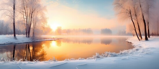 Golden sunrise in winter over a rural pond with copy space image.