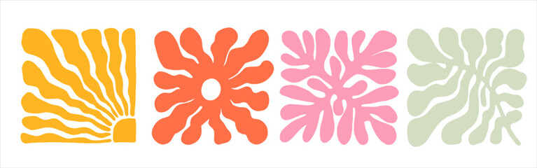 Groovy abstract flower art set. Organic doodle shapes in trendy naive retro hippie 60s 70s style. Contemporary poster and background. Floral botanic vector illustration
