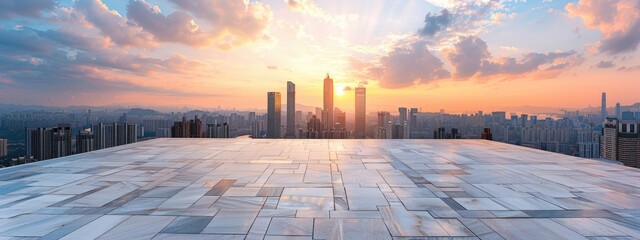 Empty square marble floor with city skyline and sky at sunset, panoramic view of urban architecture - Powered by Adobe