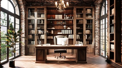 Obraz premium A desk in a room with a bookcase and a lamp background