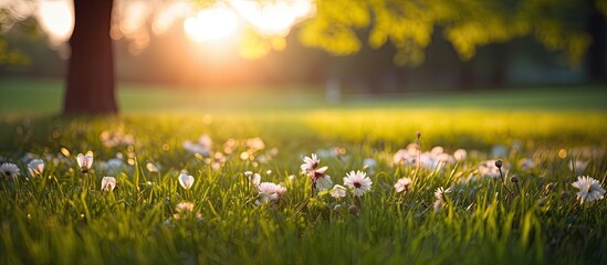 Fototapeta premium Nature background depicting a lush green forest in bloom during sunset with an empty space for adding images. Copy space image. Place for adding text and design