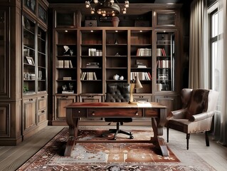 A desk in a room with a bookcase and a lamp background
