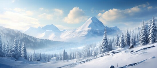 Scenic winter view featuring snow-covered mountains and trees, with a clear space for adding images or text - a stunning copy space image.