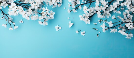 A serene spring-themed image featuring white blossoming branches against a soft blue backdrop with delicate blooms, embodying the essence of spring with a spacious area for text or graphics