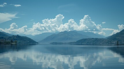 Fototapeta premium White puffy clouds reflected over a calm sea with a distant mountainous horizon on a clear day.