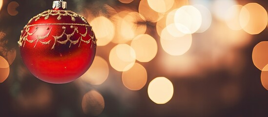 Close up of a red ornament on a festive Christmas tree with a vintage filter effect, providing a classic appeal to the copy space image.