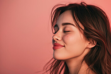 Fototapeta premium A close up of a woman's face with her eyes closed looking to a side
