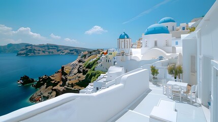 Scenic view of Santorini's iconic blue domes and whitewashed buildings overlooking the sea - Powered by Adobe