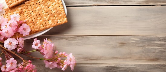 Matzo cake adorned with almond flowers, representing the Pesach celebration concept (Jewish Passover holiday), with a beautiful copy space image.