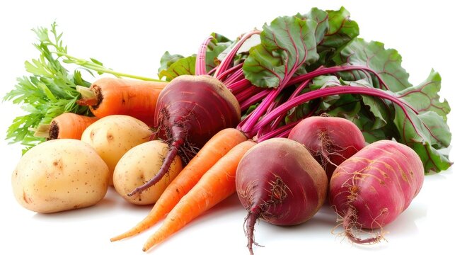 Root vegetables like beetroot carrots and potatoes against a white backdrop