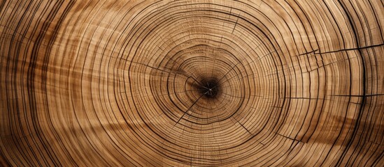 Fototapeta premium Slice of large tree trunk with rings, cracks on textured surface. Neutral brown hardwood background from forest with copy space image.