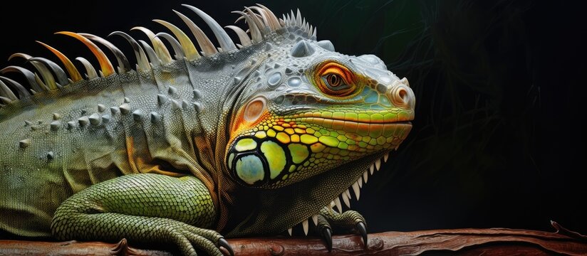 Two green iguanas relaxing on the grass in the garden, providing a great copy space image.