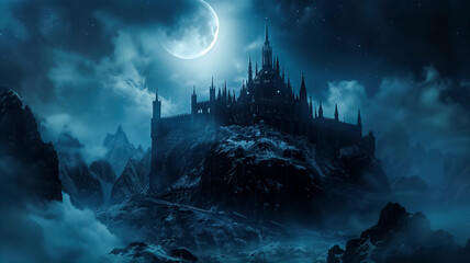 Fantasy horror landscapes.Mountain Landscape with haunted castle , spooky sky with moonlight . horror story book cover .