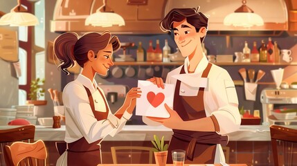 A chef receives a heartfelt thank-you note, enhancing the bustling restaurant's atmosphere with appreciation.