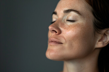 A close up of a woman's face with her eyes closed looking to a side