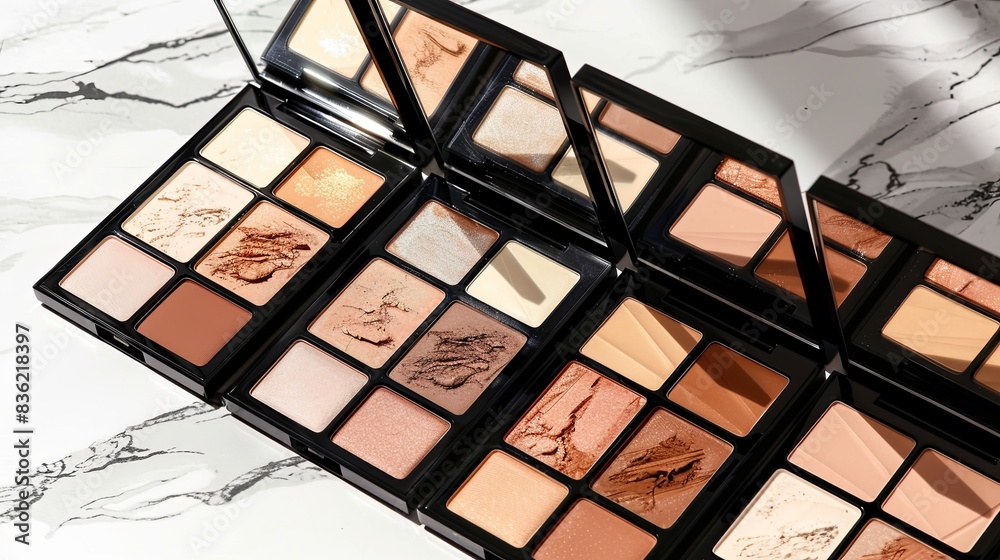 Aufkleber A close-up of multiple contouring palettes and highlighters with rich colors and elegant design. Generative AI