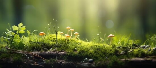 Lush green moss in a sunny forest glade, creating a natural backdrop with blurred elements and a shallow focus, ideal for a close-up shot with copy space image.