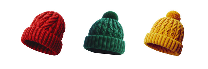 Colorful wool beanies hats set of against a Transparent background for Christmas festival