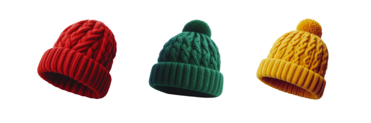 Colorful wool beanies hats set of against a Transparent background for Christmas festival