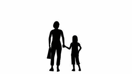 silhouette of an adult woman carrying a bag holding a small child
